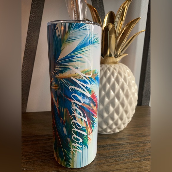 Tropical Personalized Customized Palm Tree 🏝️ 20 oz Tumbler, Lid, StrawGift Box - Picture 4 of 4